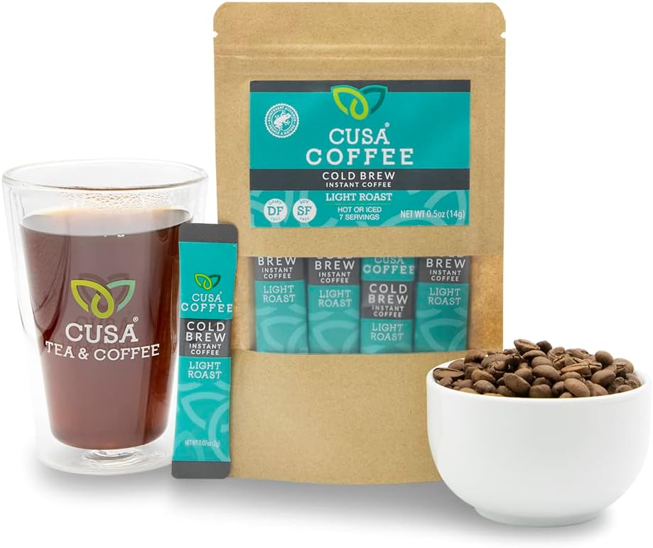 Cusa Tea & Coffee | Premium Instant Light Roast | Rainforest Alliance Certified Arabica Beans | Hot or Cold Brew Drink Mix Packets (7 Single Servings)