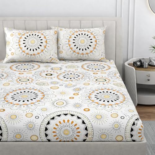 Image of 350 TC Premium Heavy Cotton Feel Elastic Fitted Bedsheet Queen Size with 2 Pillow Covers || Double Bed with All Around Elastic (Gray & Black, Fitted - Double72x72)