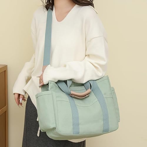 Eagerrich Canvas Crossbody Tote Bag with Multi Pockets for Women Work Large Handbags Shoulder Bag Messenger Bag Travel Purse Commuter Everything Tote Bag with Compartments(Green)