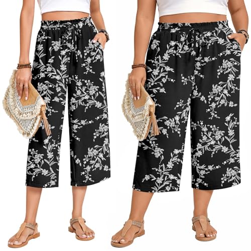 Image of Anyhold Women's Capri Pants Drawstring Casual Palazzo Trousers with Pockets Loose High Waisted Wide Leg Lounge Pants