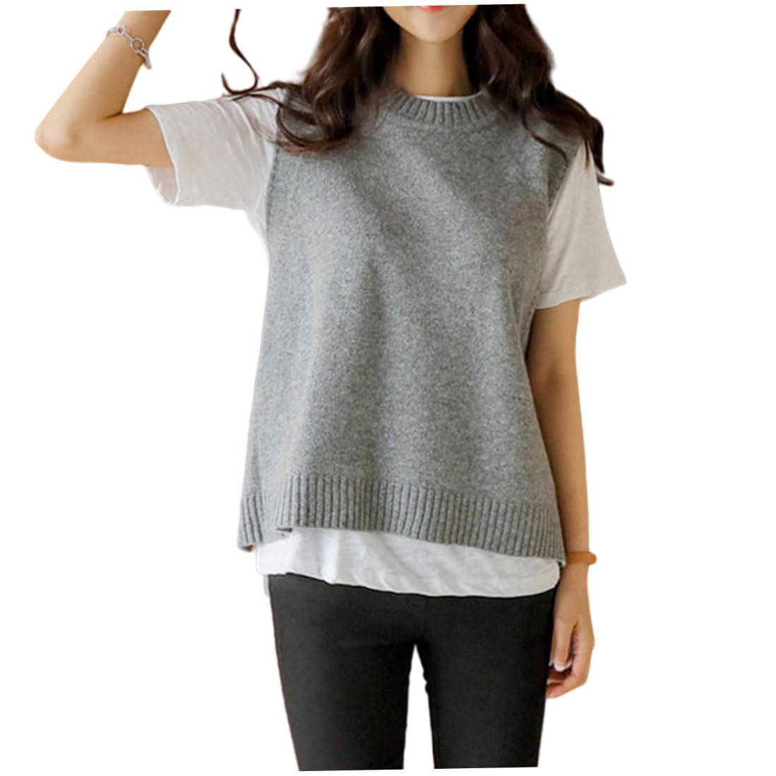 Women Gray Knitted Vest Round Neck Sleeveless Sweater Pullover Tank Top