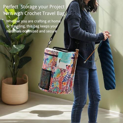 Image of Crochet Bag Organizer with Yarn Feeding Slots - Large Knitting Bag for Yarn Storage, Waterproof Travel Tote with Adjustable Strap, Gift for Crochet Lovers & Knitters