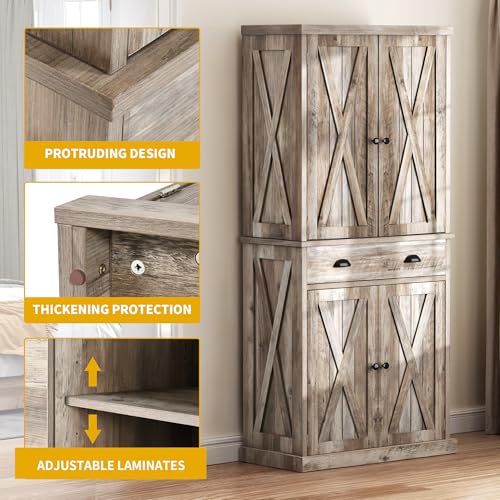 DWVO 72'' Farmhouse Kitchen Pantry, Rustic Wood Kitchen Storage Cabinets with Adjustable Shelves & Drawer, Tall Freestanding Cupboard for Dining Room, Living Room, Retro Gray