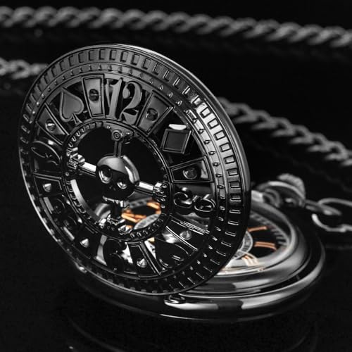 Image of Men's Mechanical Hollow Design Hand Wind Pocket Watch Roman Numerals Steampunk with Chain Box
