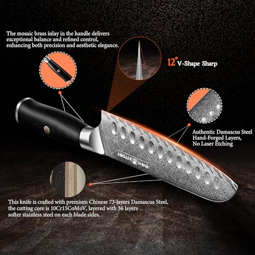 73 Layers Damascus Santoku Knife 7",10Cr15CoMoV HC Cutting Core, Japanese Style Premier Kitchen Chefs Gadget w/t Gift Box — view 4