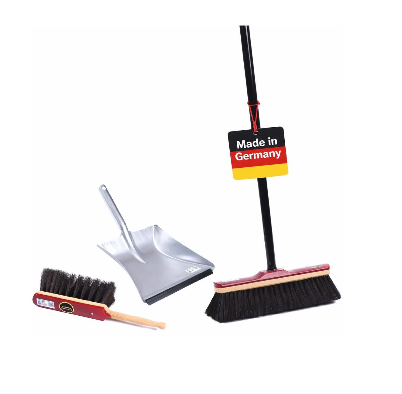 Hochwertiges Rosshaar Besen Set Handfeger Kehrschaufel Teleskopstiel Stiel | Besen 30cm, Handfeger 28cm, Holz-lackiert, Teleskopstiel verstellbar, Metall-Kehrschaufel verzinkt mit Lippe