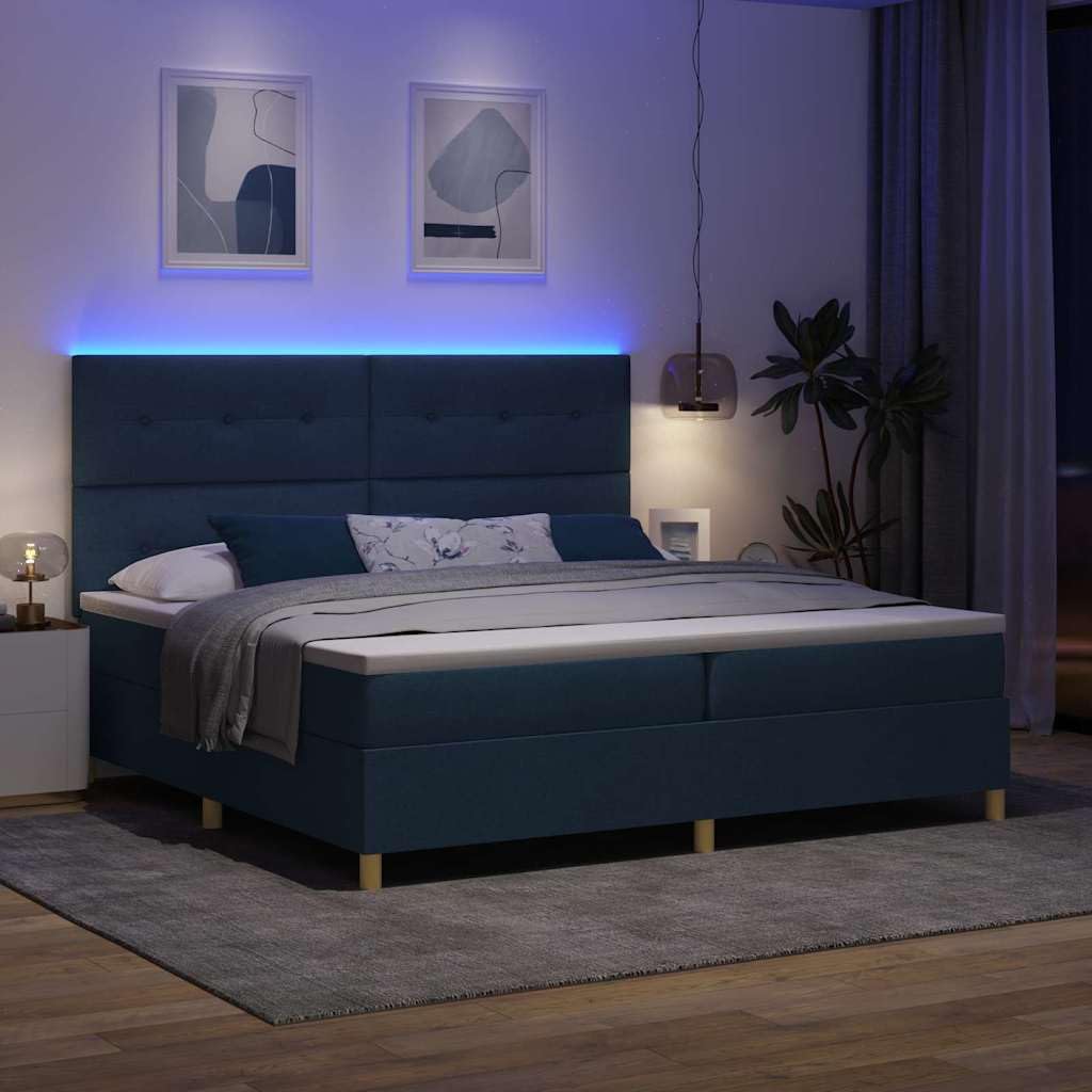 Cama con somier LED con colchón azul, 200 x 200 cm, tela, madera y marco de pino, tiras LED RGB, cabecero ajustable, somier, cómodo espacio para dormir para 2 personas