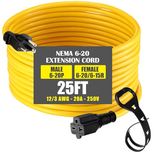 Saysurey 25 ft Nema 6-20 Extension Cord Nema 6-20p Male Plug to 6-20r/6-15r Female Receptacle 20 Amp T-Blade Outlet Extension Power Cord with Waterproof Sockets Heavy Duty 12/3 Awg 250v 5000w