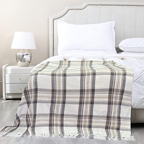Snugtown Taupe Grey And White Plaid Decor Tartan Blanket, Lightweight Soft Chenille Striped Knitted Rustic Farmhouse Throw With Tassels For Couch Sofa Chair Bed Office Home thumb #2