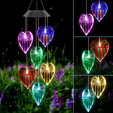 Heart Solar Wind Chimes, American Flag Mobile Hanging Wind Chime for Grandma Mom Women Memorial Birthday Gifts Garden Yard Patio Outside Decor Cover