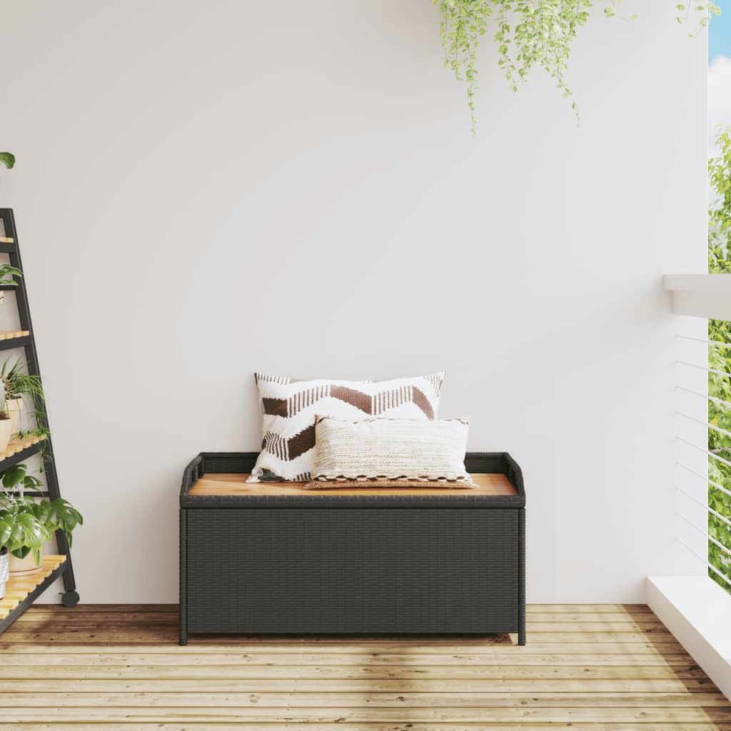 Panca Portaoggetti Nera 100x50x52 cm Polyrattan e Legno Acacia,Panca Portaoggetti Giardino,Panchina da Esterno,Panca Contenitore da Esterno-365949