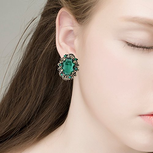 Brilove St Patricks Day Earrings Victorian Style Clip On Earrings For Women Crystal Floral Cameo Inspired Oval Earrings Emerald Color Antique-Gold-Toned #TOP1