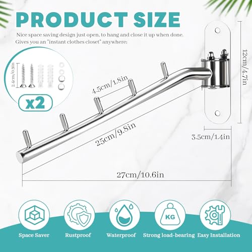 Kleiderbügel, Wandmontage, Schwingarm, Kleiderständer zum Aufhängen von Kleidung, Schrank-Organizer, Klapphakenhalter, Waschküche, Badezimmer, Schlafzimmer, Silberfarben, 2 Stück