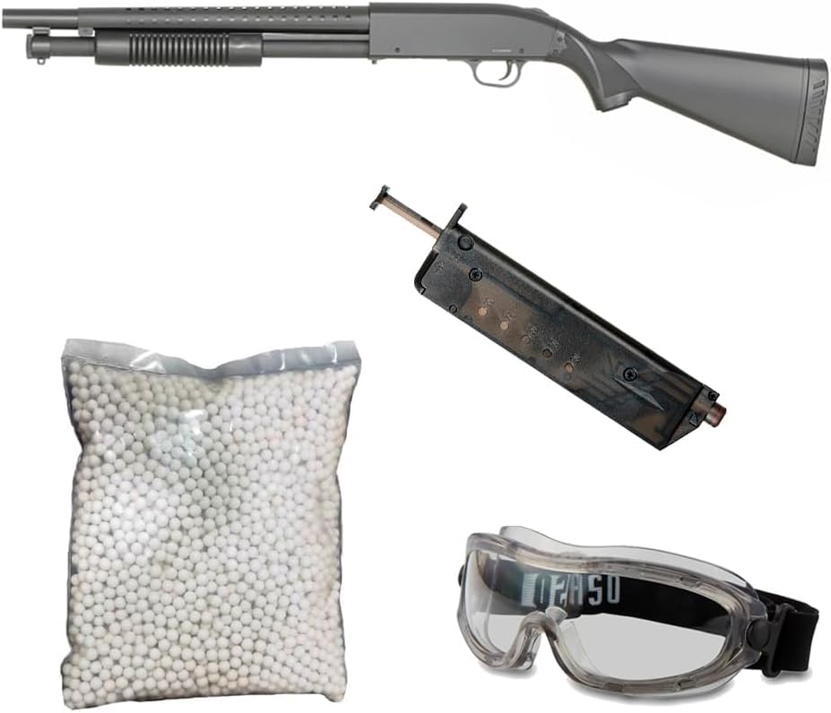 Pack de Escopeta Larga con Culata de Muelle de Airsoft de Menos de 1 Julio de Potencia con un Cargador, 1000 Bolas de 6 mm, Cargador rápido Tico Tico Loader y Gafas de protección Pegaso