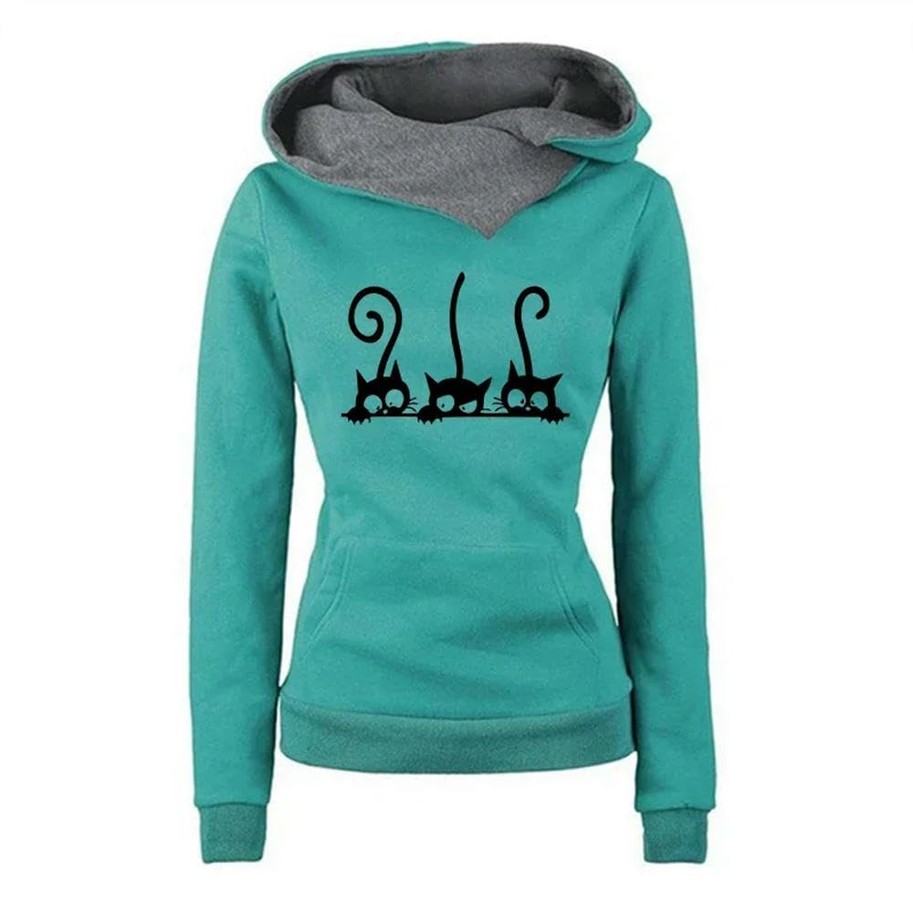 ZBDZSW Damskie słodkie bluzy z kapturem z motywem kota Jesień Zima Ciepła bluza Damska codzienna swobodna sportowa bluza do biegania Ubrania