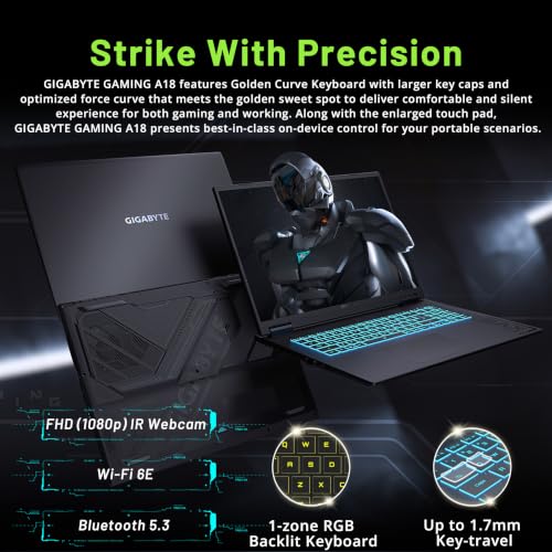Image of GIGABYTE A18 3VH 18 inch WQXGA 165Hz Gaming Laptop, AMD Ryzen 7 260, NVIDIA GeForce RTX 5060 8GB GDDR7, 32GB DDR5, 3TB Storage (2TB+1TB Dock), 1-zone RGB Backlit Keyboard, FHD IR Camera, Win 11 Pro, Black