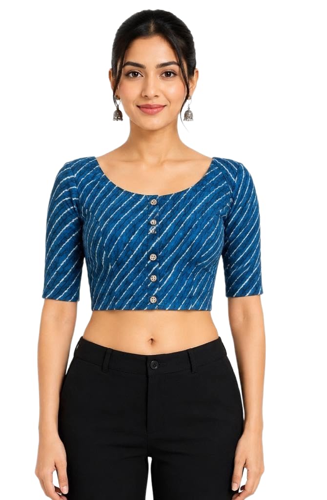 Fashion4U Women’s Cotton Stretchable Readymade Saree Blouse | Leheriya Printed | Elbow Sleeve | Round Neck | Front Button Design | Soft Comfortable Ethnic Blouse for Sarees & Lehengas |-picture-47