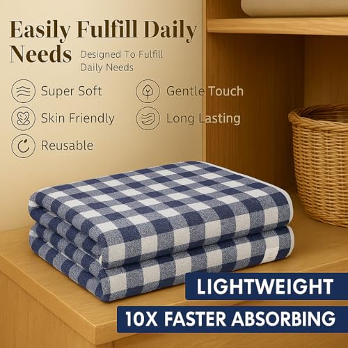 Image of Cortina Checks Printed Microfiber Towels for Bath Large Size-Super Soft Coral Fleece Bathing Towel with Hook Quick Dry Super Absorbent-Bath Towel for Men and Women-70x140 cm [Blue]