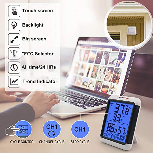 ThermoPro TP-65 Digital Hygrometer Indoor Outdoor Thermometer Wireless Temperature and Humidity Monitor with Jumbo Touchscreen and Backlight Humidity Gauge, 200ft/60m Range