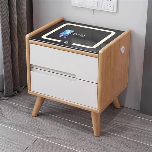 STCERY Mesitas De Noche con Función De Carga, Mesa De Cabeceira para Habitación Dormitorio con Luces LED, Cajones Y Niveles De Almacenamiento, Marco De Madera Maciza(Beige 2,30cm/11.8in)