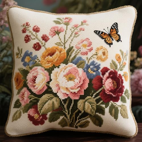 Kit broderie point de croix coussin fleurs : le cadeau idéal pour passionnés créatifs
