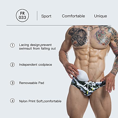 F plus R Men's Low Rise Swimwear Briefs Print Bikini Swimsuit Adjustable Drawstring Removable Pad3
