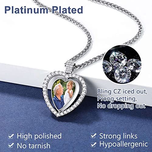 Customized Both Sides Heart Picture Pendant Necklace For Women Men Bling Cz Rotatable Platinum Plated Pendant With 2 Photos Personalized Jewelry 22Inch 24Inch Chain #TOP2