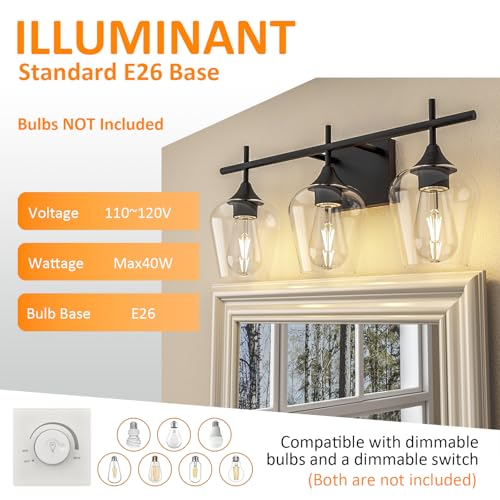 Image of Bathroom Vanity Light, 3-Light 21'' Bathroom Light Fixtures Over Mirror, Black Vanity Lights for Bathroom with Clear Glass, Modern Wall Lamp for Cabinet Hallway, Bedroom