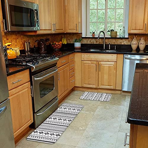 Boho Geometric Kitchen Rug Set Of 2 Floor Mats Aztec Native American Tribal Southwest Vintage Bohemian Farmhouse Door Mat Anti Fatigue Non Skid Washable Bathroom Runner Rugs Area Carpet,White Black #TOP2
