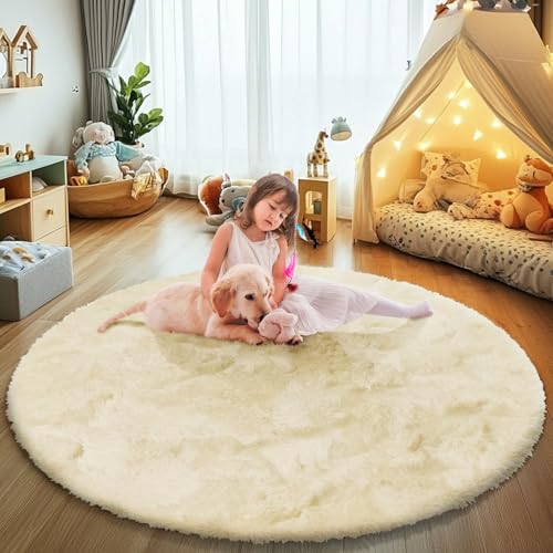 Fluffy Round Area Rugs for Bedroom,Ivory 3'X3'Shag Circle Area Rugs for Girls Room,Non Slip Fuzzy Plush Rug for Kids Room Living Room and Dorm Home Rug