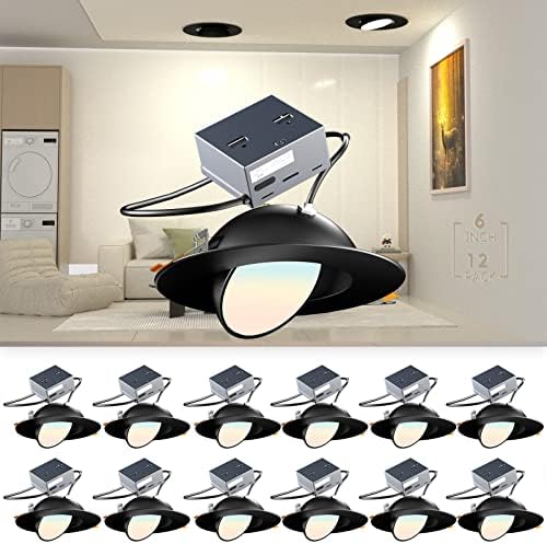 bulbeats Gimbal LED Recessed Lighting 6 inch, Black Dimmable Angled Recessed Lighting with Eyeball, 3000K/4000K/5000K Adjustable Recessed Lighting 6 inch 12W 1200LM IC Rated-12Pack