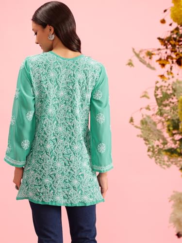Image of Ada Women's Georgette Regular Fit Chikankari Hand Embroidered Lucknow Short Kurti Top A911224