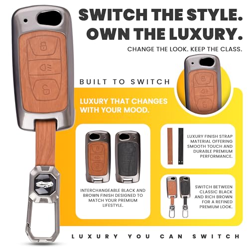 Image of Car Key Cover Compatible with Tata Nexon|Altroz|Tiago|Punch|Harrier|Safari|Tigor 3-Button Flip Smart Key (Dual Leather Metal (Black & Brown))