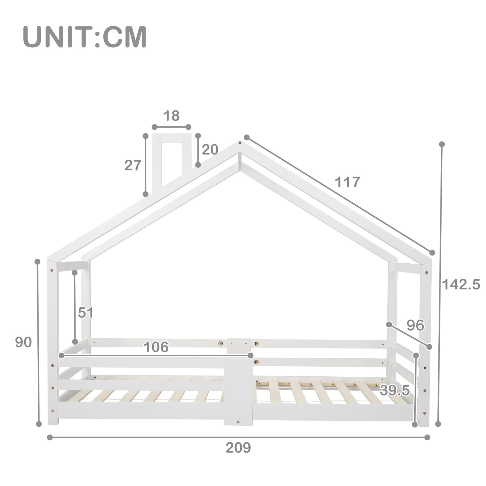 KOMHTOM Kinderbett, Hütte mit Sicherheitszaun, 90 x 200 cm, Bettrahmen mit Lattenrost aus Holz (ohne Matratze) (weiß)