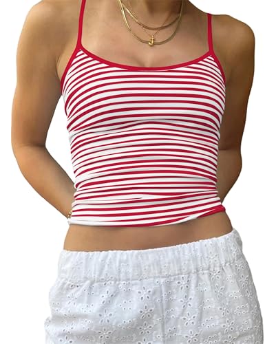 BAIGRAM Women Y2K Vintage Striped Spaghetti Straps Crop Cami Tank Sleeveless Slim Cute Summer Backless Tops Aesthetic Teens