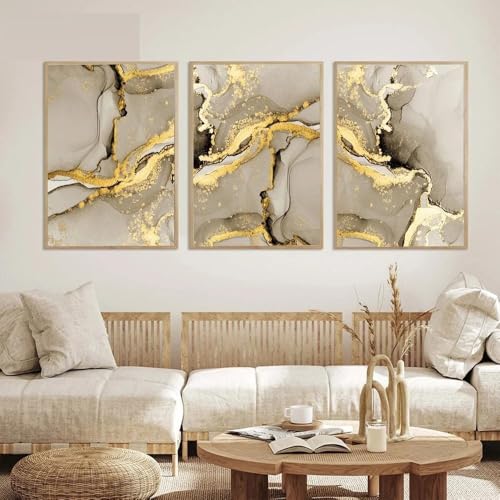Set di 3 quadri su tela Poster Astratto Beige Lamina d'Oro Grigio Marmo Lusso Moderno Parete Art Stampe Regalo Camera Da Letto Soggiorno Dormitorio Galleria Corridoio Decor Immagine, A4 (21X30CM)