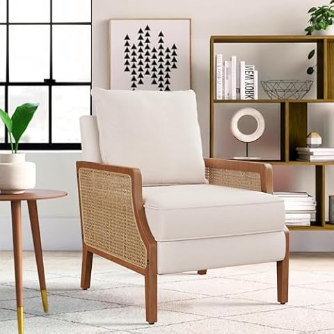 HAOBO Home Mid Century Modern Accent Chair Upholstered Living Room Chairs Armchair with Rattan Armrest Comfy Reading Chair with Wood Frame Lounge Side Chair with Waist Cushion Cover