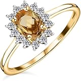 TJC Birthstone Halo Engagement Ring for Women, 925 Sterling Silver 18K Yellow Gold Vermeil Citrine Gemstone Ring, Vintage Royal Halo Ladies Statement Jewellery Gift Size R