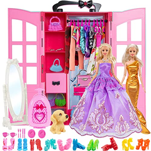 Doll Closet Wardrobe Set for 11.5 Inch Girl Doll 106 Pcs Clothes and Accessories Include Wardrobe, Suitcase, Mirror,Outfits, Dress, Shoes, Hangers, Handbags, Necklace, Crown and Dog (Pink+Rose)