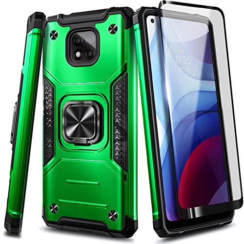 NZND Case for Motorola Moto G Power 2021 with Tempered Glass Screen Protector (Maximum Coverage), [Military-Grade] Full-Body Protective, Magnetic Car Mount Ring Holder, Heavy-Duty Durable Case (Green)