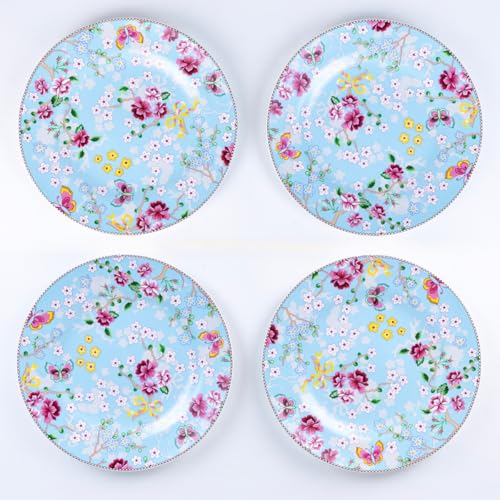 Image of GOLDEN QUEEN'S Handcrafted 12 Pieces Dinner Set | 4 Dinner Plates, 4 Small Bowls & 4 Side Plates | Perfect for Hosting Guests and Daily Meals - Birdie in Pink Dinnerware - Blue Birdie Dinnerware