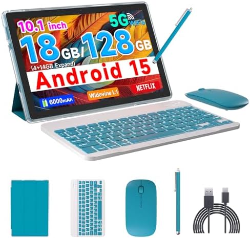 COOPERS Tablet Android 15, 10 inch Tablet 18GB RAM+128GB ROM 2TB Expandable, 2.0Ghz Quad-core Processor, 5G WiFi6 BT 5.0, Dual Cameras, 2 in 1 Tablets with Keyboard Case Mouse Stylus, Widevine L1 Blue