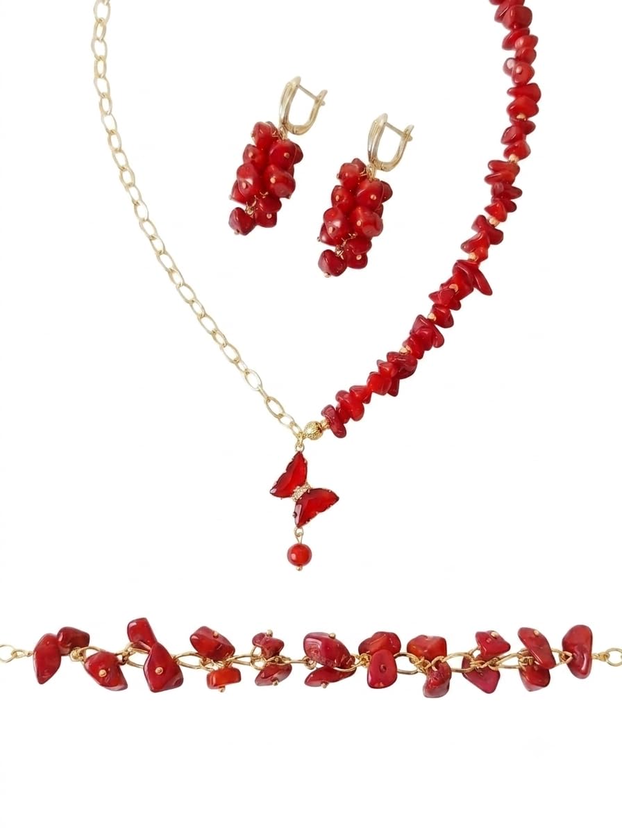 Juego de pulsera y pendientes de gota de piedra de coral, latón chapado en oro de 18 quilates