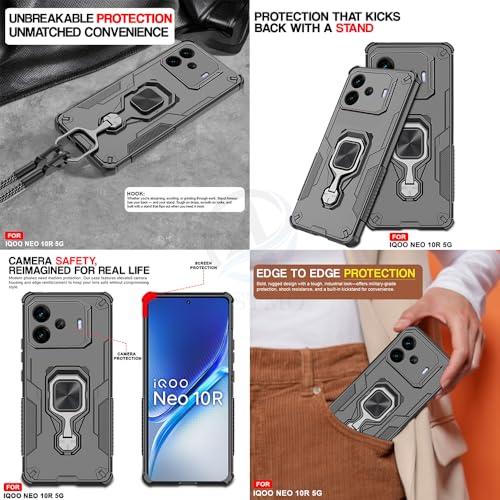 Image of AESTMO Armor Back Cover for iQOO Neo 10R 5G | Ring Holder & Kickstand & Camera Protection in-Built | 360 Degree Protection Back Case Cover (Black)