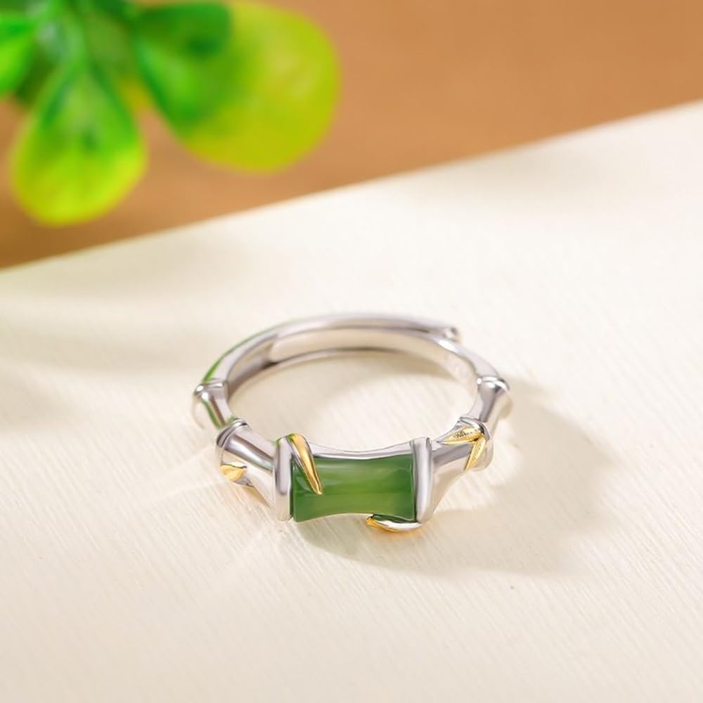 Anillo de plata S925 con incrustaciones de jaspe hetiano natural, nudo de bambú y hoja de bambú (apertura ajustable) para mujer, Jade, Sin piedras preciosas