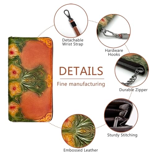 Image of Wallet Genuine Leather for Women - with RFID Blocking Card checkbook ID Slot Large Capacity Vintage style (morning glory brown)