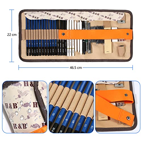 H & B 40Pcs Sketching Pencils Set Drawing Pencil Set - Sketch Book,Drawing Pencils,Charcoal Pencils,Graphite Pencil,Roll Up Leather Carry Pouch For Kid Adults Students Beginners Artists Professional #TOP3