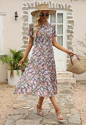 Image of NAVINS Womens Floral Print Modest Wedding Guest Midi Dress with Pockets | Puff sleeve tiered boho dress for summer, church, and vacations. Elastic waist, Below knee, hand or machine wash.