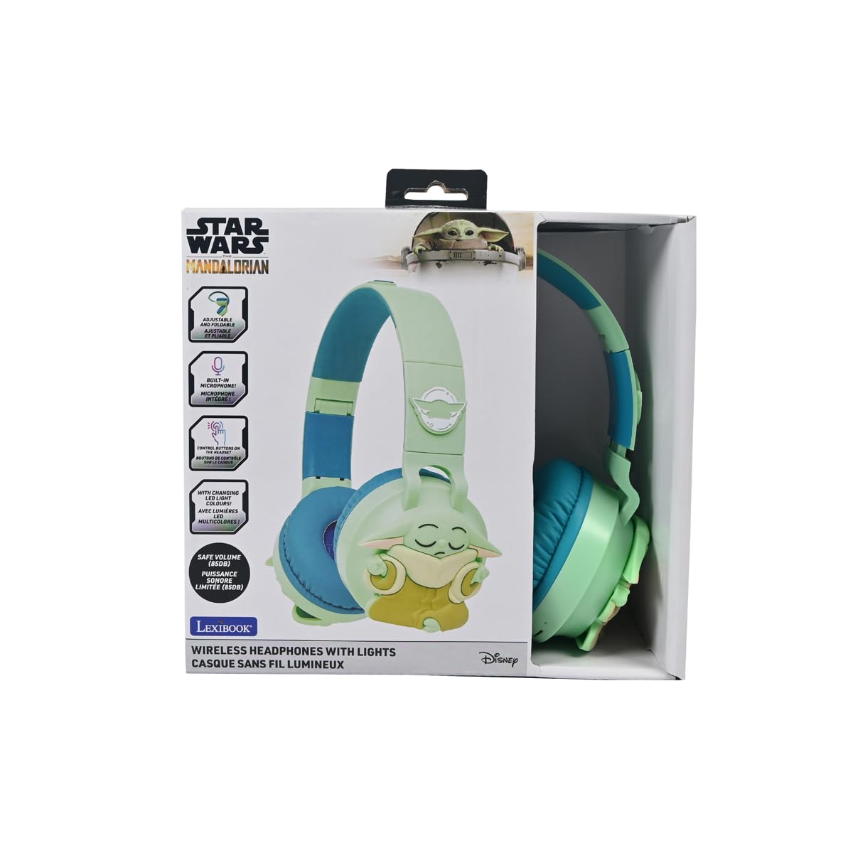 Lexibook, Star Wars, Cuffie Bluetooth Grogu con luci, Verde, HPBT015SWLXB | Uso Bluetooth o cavo, volume sicuro 85 dB, controlli su microfono, design pieghevole con slot SD, regolabile e portatile