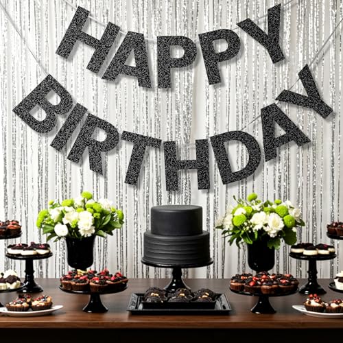 Image of Pre-Strung Happy Birthday Banner - Black Glitter Party Decorations